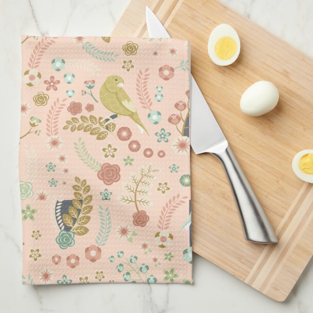 Shabby Birds & Branches Pastel Salmon  Tea Towel (Quarter Fold)