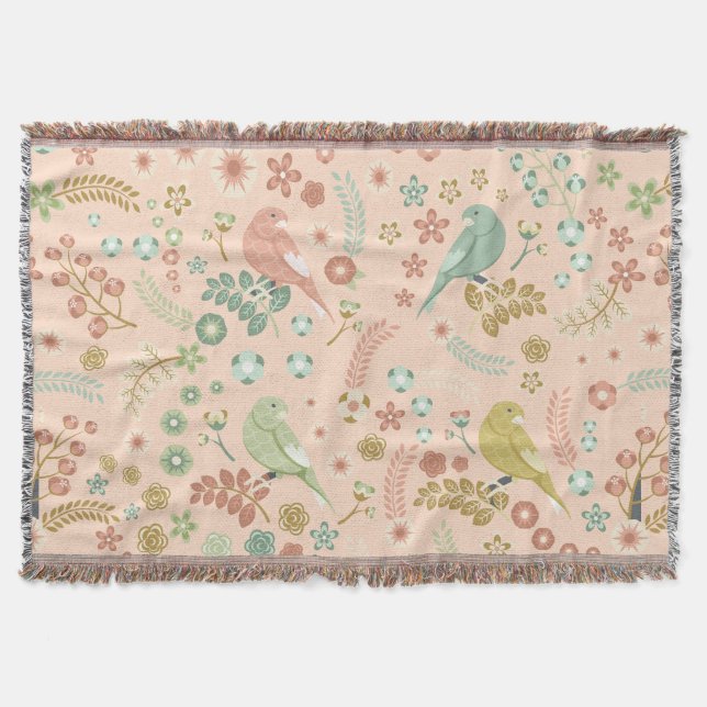 Shabby Birds & Branches Pastel Salmon Throw Blanket (Front)