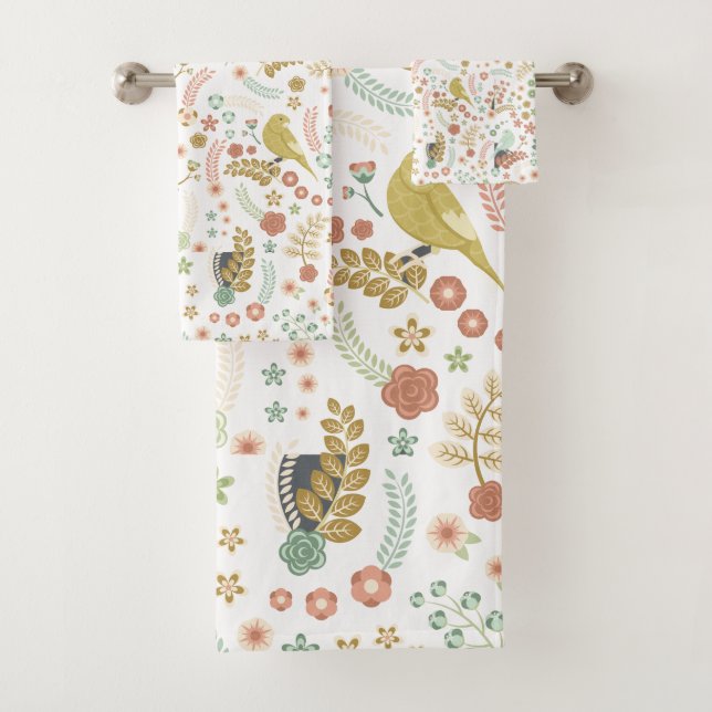 Shabby Birds & Branches White Bath Towel Set (Insitu)