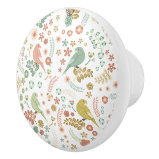 Shabby Birds & Branches White Ceramic Knob