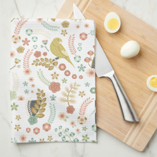 Shabby Birds & Branches White  Tea Towel
