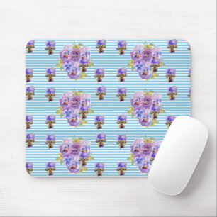 Shabby Blue Pansy floral Stripe Mouse Mat Pad