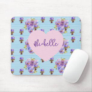 Shabby Blue Pansy floral Stripe Mouse Mat Pad