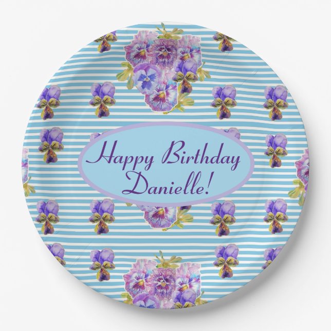 Shabby Blue Rose Floral Tea Party Purple Paper Plate (Front)