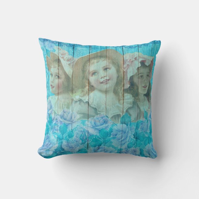 Shabby Chic 3 Little Victorian Girls Floral  Cushion (Front)