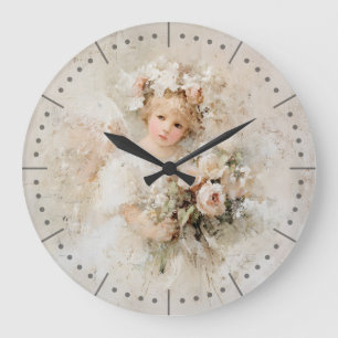 Shabby Chic Angel With Romantic Blush Roses Large Clock