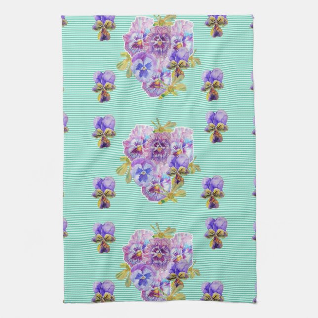 Shabby Chic Aqua Pansy Floral Kitchen Tea Towel (Vertical)