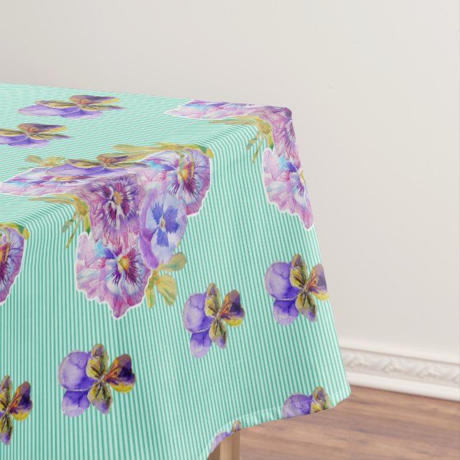 Shabby Chic Aqua Stripe Pansy Floral Tablecloth (In Situ)