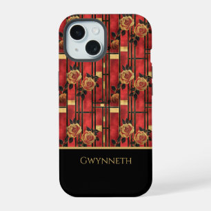 Shabby Chic Art Decor Red and Gold Roses Monogram iPhone 15 Case