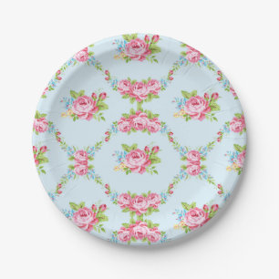 Shabby chic,baby blue,red roses,victorian,floral,p paper plate