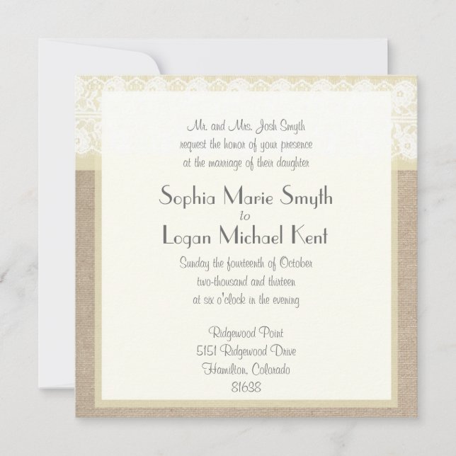 Shabby Chic Beige Lace Burlap Wedding Invitation (Front)