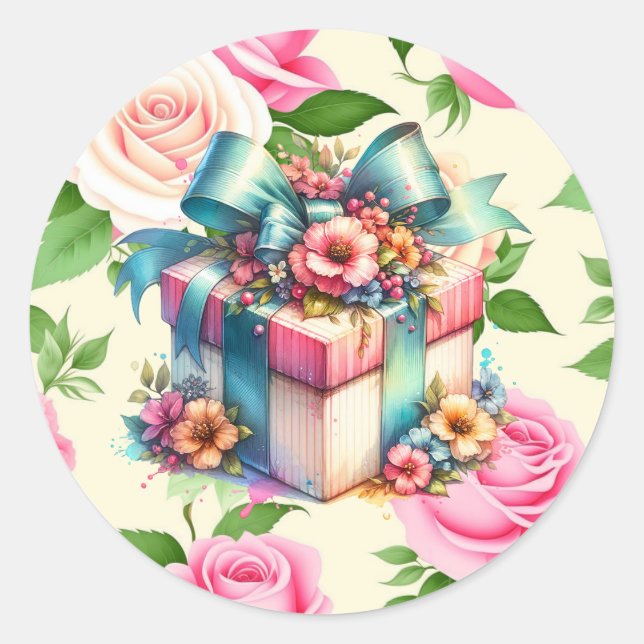 Shabby Chic Birthday Gift Watercolor Classic Round Sticker (Front)