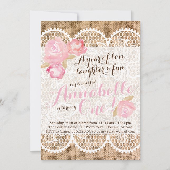 Shabby Chic Birthday Invitation, Burlap & Lace Invitation (Front)