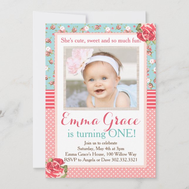 Shabby Chic Birthday Photo Invitation (Front)