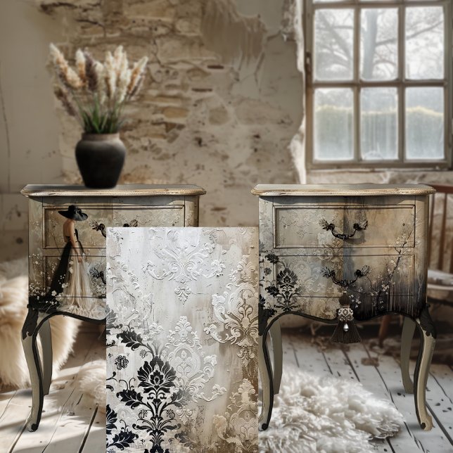 Shabby Chic Black & Beige Raised Demask Background Tissue Paper (Black Tie, Elegant, Rustic, Shabby Chic Raised Demask, Moody Aesthetics, Decoupage Tissue Paper.)