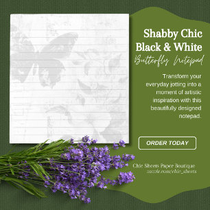 Shabby Chic Black & White Butterfly Floral Lined Notepad