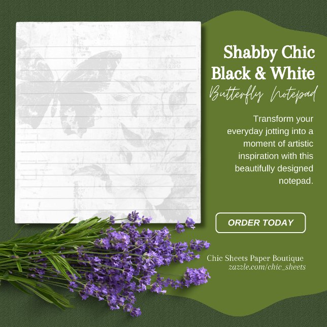 Shabby Chic Black & White Butterfly Floral Lined Notepad (Creator Uploaded)