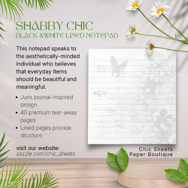 Shabby Chic Black & White Butterfly Floral Lined Notepad (Creator Uploaded)