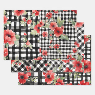 Shabby Chic Black & White Plaid Red Flowers Mix Wrapping Paper Sheet