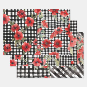 Shabby Chic Black & White Plaid Red Flowers Mix Wrapping Paper Sheet