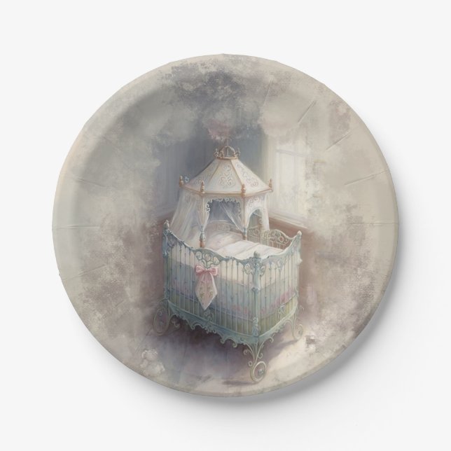 Shabby Chic Blue baby crib Paper Plate (Front)