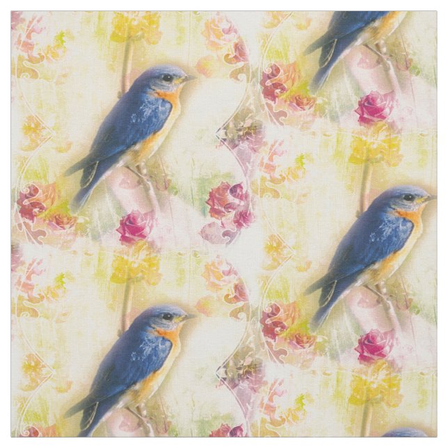Shabby Chic Blue Bird Fabric (Swatch)