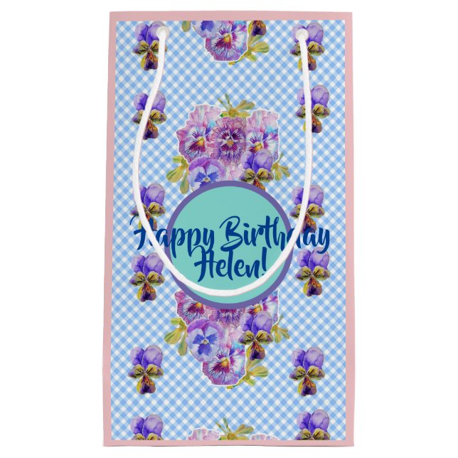 Shabby Chic Blue Gingham flowers Floral Gift Bag (Front)