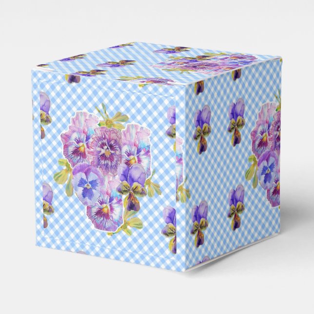 Shabby Chic Blue Gingham Pansy Floral Cake Favour Box (Front Side)