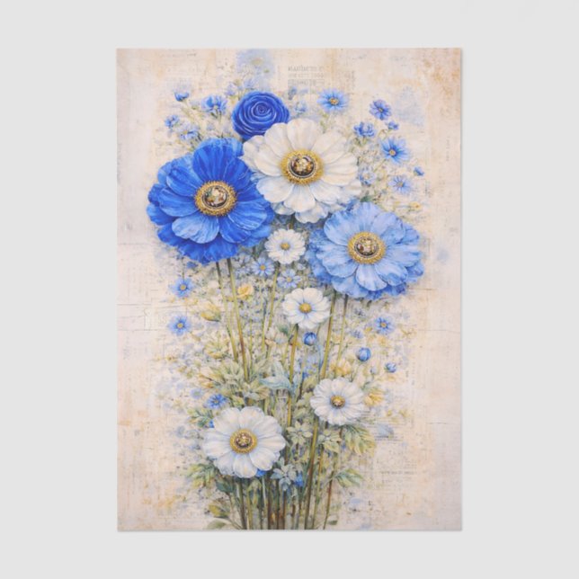 Shabby Chic Blue Ivory Mix Flowers FD7L Decoupage Tissue Paper (Front)