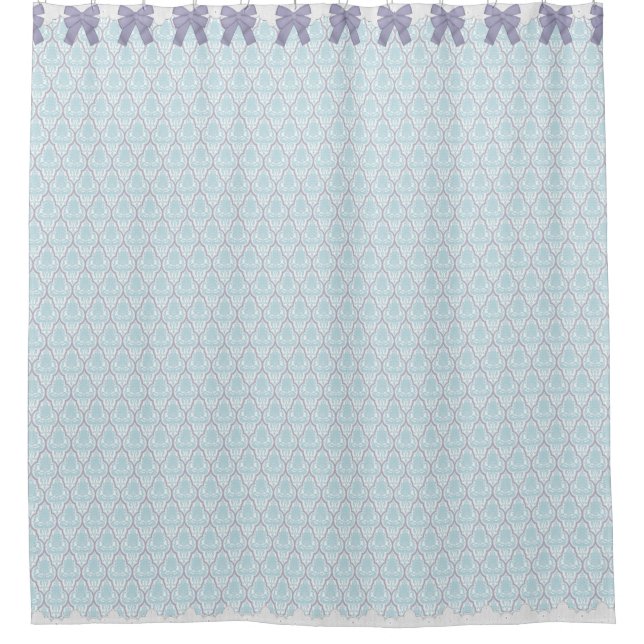Shabby Chic Blue & Lilac Damask w Bows & Lace Shower Curtain (Front)