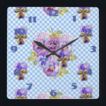 Shabby Chic Blue Pansies Pansy Floral Check Clock<br><div class="desc">Shabby Chic Blue Pansies Pansy Floral Check Ladies Room/ Nursery Clock. Designed from my original watercolour art.</div>