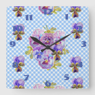 Shabby Chic Blue Pansies Pansy Floral Check Clock