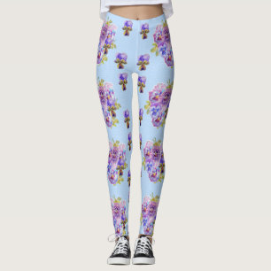Shabby Chic Blue Pansy Floral Dot Leggings