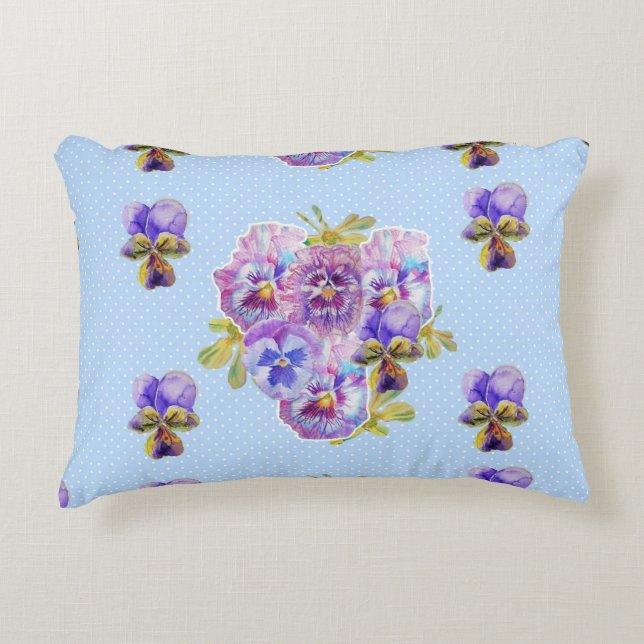 Shabby Chic Blue Pansy Floral Polka Dot Cushion (Front)