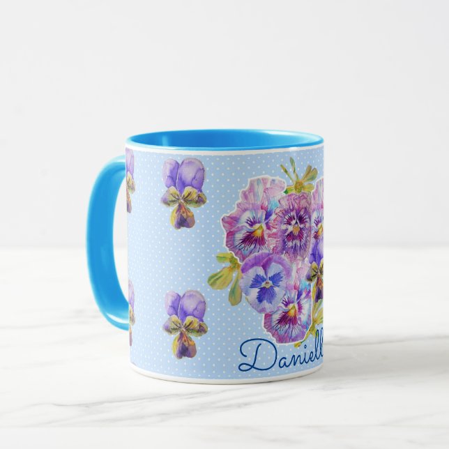 Shabby Chic Blue Pansy Floral Polka Dot Mug (Front Left)