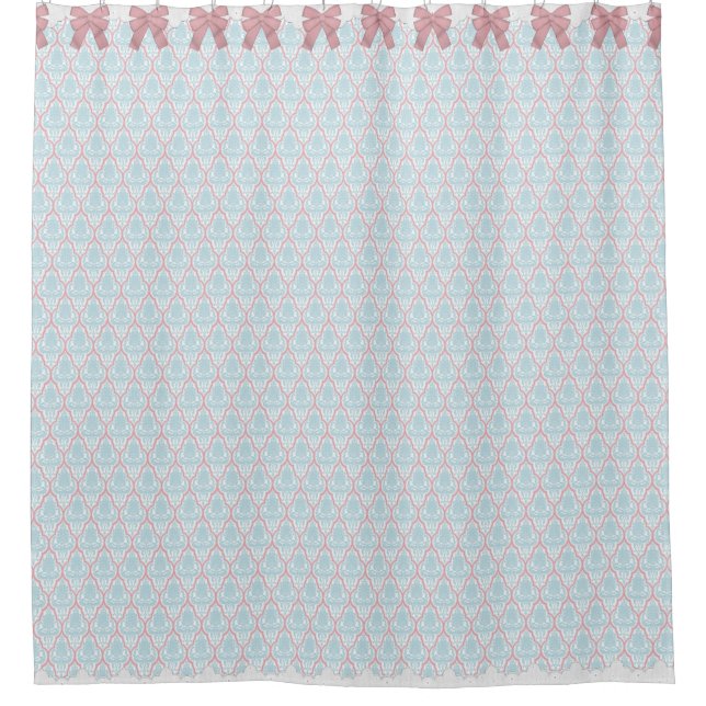 Shabby Chic Blue & Pink Damask w Bows & Lace Shower Curtain (Front)