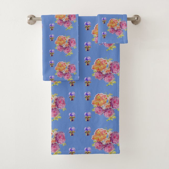 Shabby Chic Blue Pink Red Roses Floral flowers Bath Towel Set (Insitu)