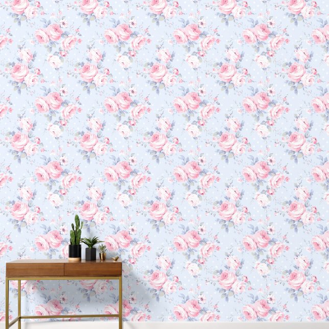 Shabby Chic Blue Pink Rose Pattern Wallpaper (Hallway)