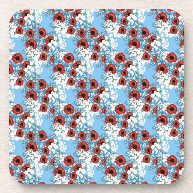 Shabby chic blue red floral flower print by LeahG Coaster (Front)