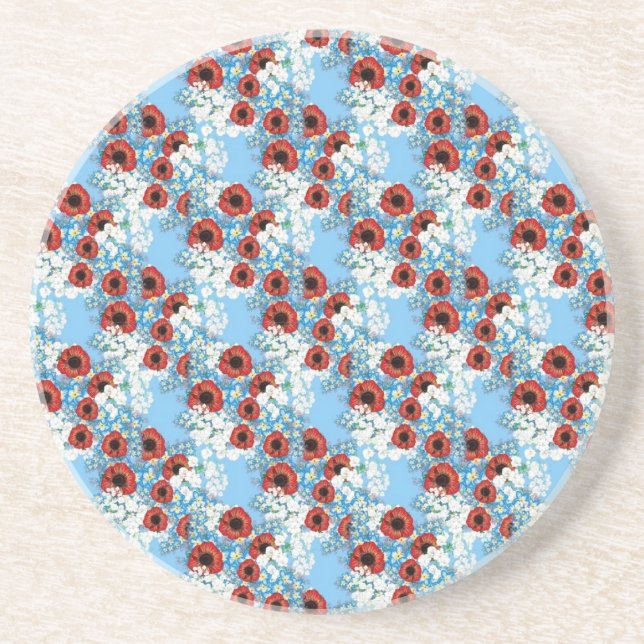 Shabby chic blue red floral flower print by LeahG Coaster (Front)