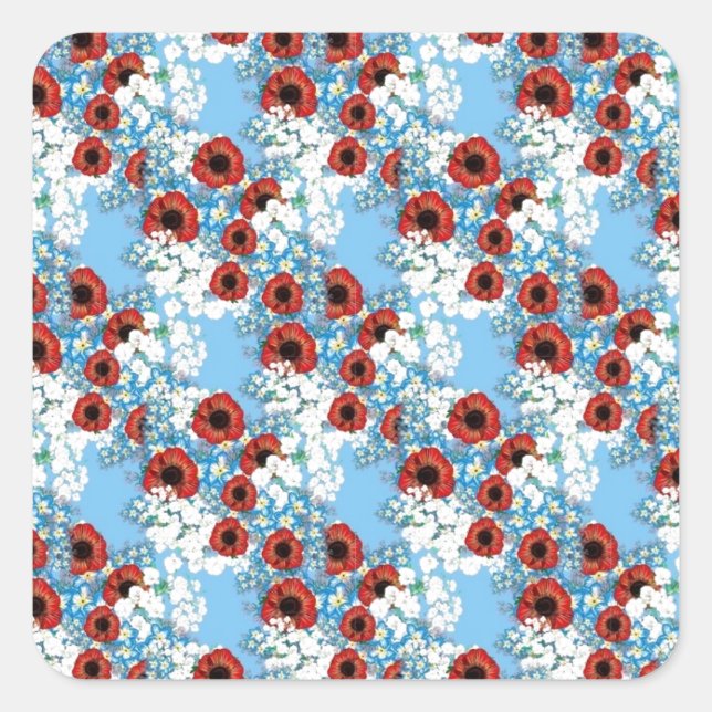 Shabby chic blue red floral flower print by LeahG Square Sticker (Front)