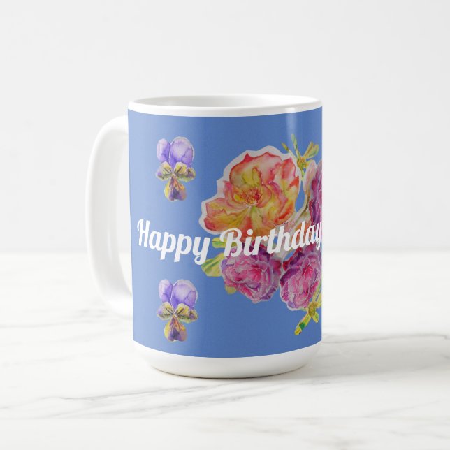Shabby Chic Blue Rose Roses and Violets floral Mug (Front Left)