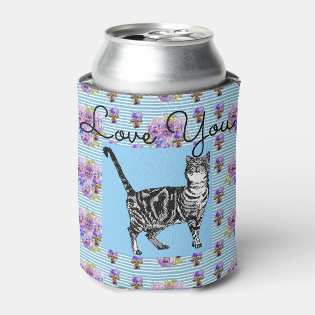 Shabby Chic Blue Stripe Tabby Cat Love Heart Can Cooler (Can Front)