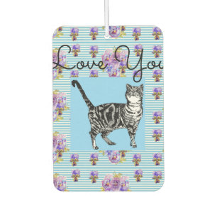 Shabby Chic Blue Stripe Tabby Cat Love Heart Car Air Freshener