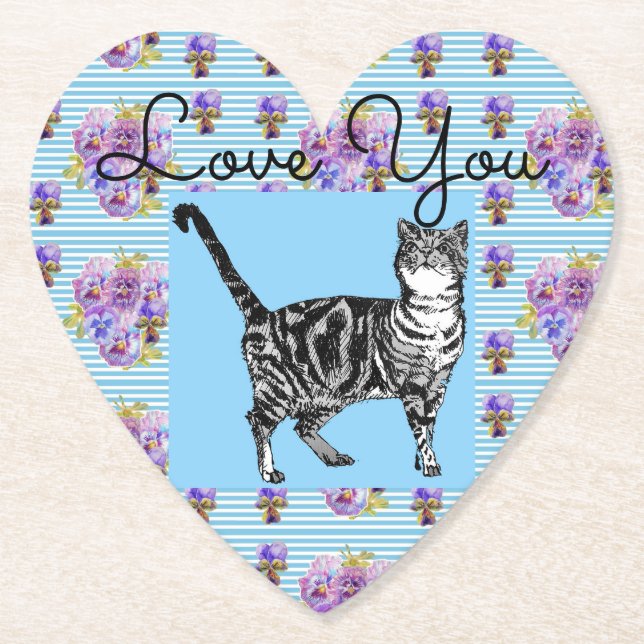 Shabby Chic Blue Stripe Tabby Cat Love Heart Paper Coaster (Front)