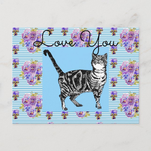 Shabby Chic Blue Stripe Tabby Cat Love Heart Postcard (Front)