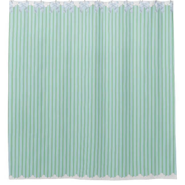 Shabby Chic Blue & Teal Striped w Bows & Lace Shower Curtain (Front)