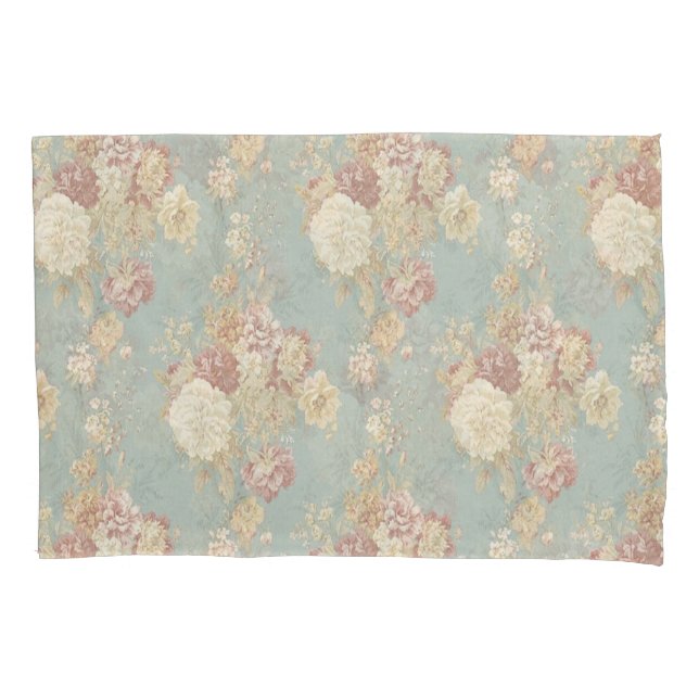 Shabby Chic Blue White and Yellow Floral Pillowcase (Front-Left)