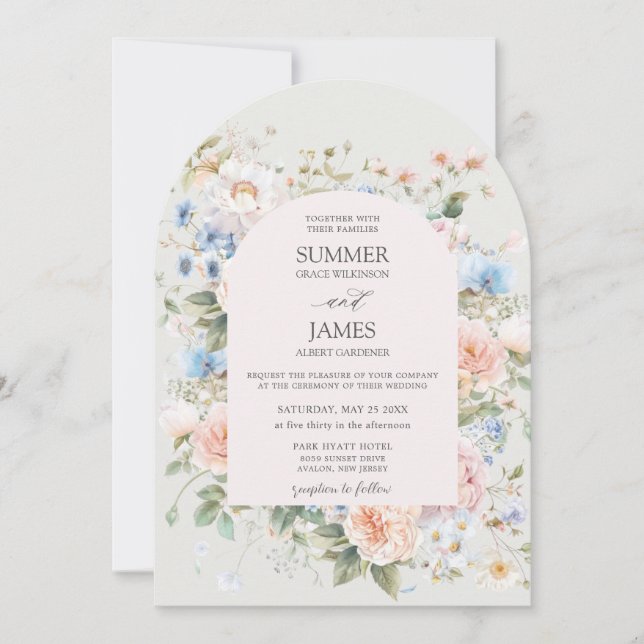 Shabby Chic Blush Blue White Floral Flower Wedding Invitation (Front)