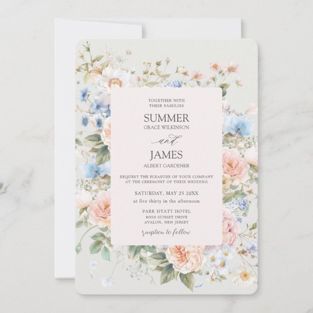 Shabby Chic Blush Blue White Floral Flower Wedding Invitation (Front)